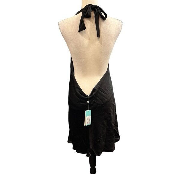 Shore Dress Womens M Black Satin Slip Halter Open Back Mini Y2K Whimsigoth - Picture 2 of 9